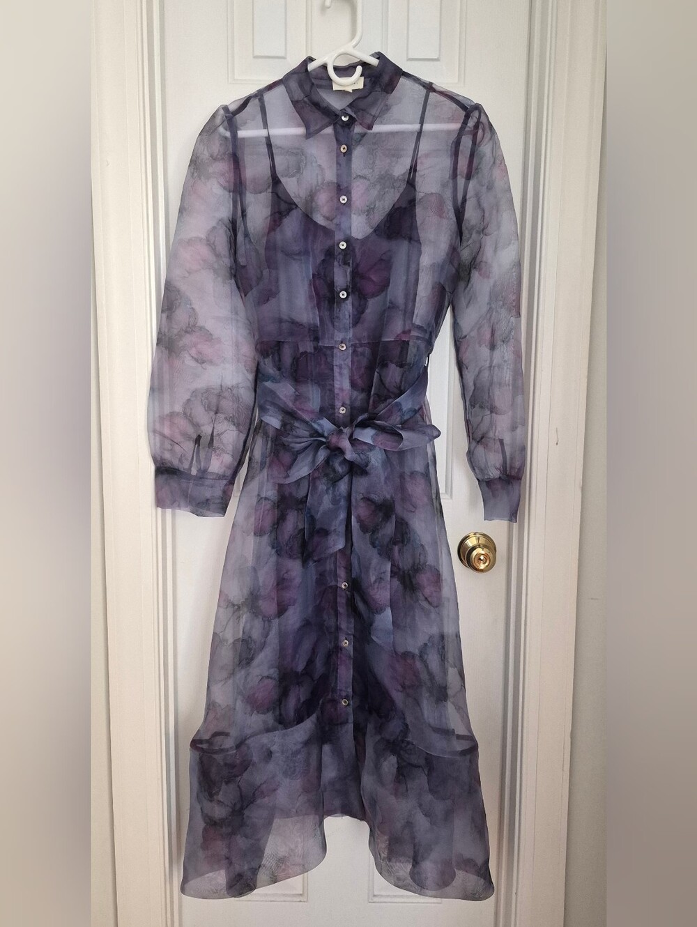 MELLODAY Long Sleeve Chiffon Dress- Navy/Purple Floral - SizeL - Picture 5 of 12